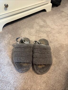 UGG Gray Fluffy Quilted Slide with Logo Backstrap